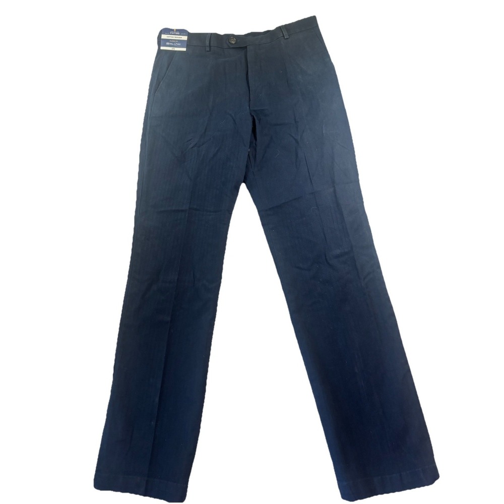 STAFFORD COTTON TROUSER Classic Fit Flex Waist 34x34 Navy Flat Front Pants‎ NEW
